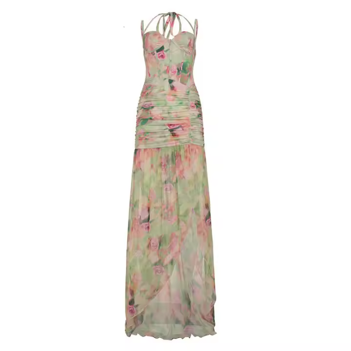 BUNO-Vestidos fruncidos para mujer con estampado floral, vestido elegante dividido a la moda para vacaciones de verano - 1