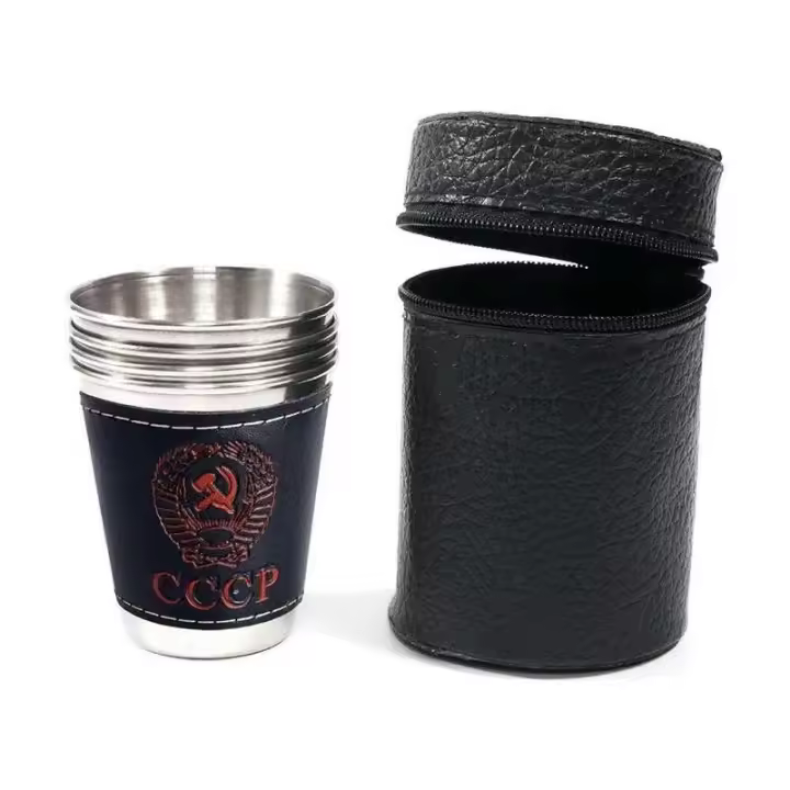 Juego de tazas VIE para exteriores de 75 ml, villa para acampar, taza de café portátil de acero inoxidable de cuero PU, vino, cerveza, whisky, 4 piezas. - 1