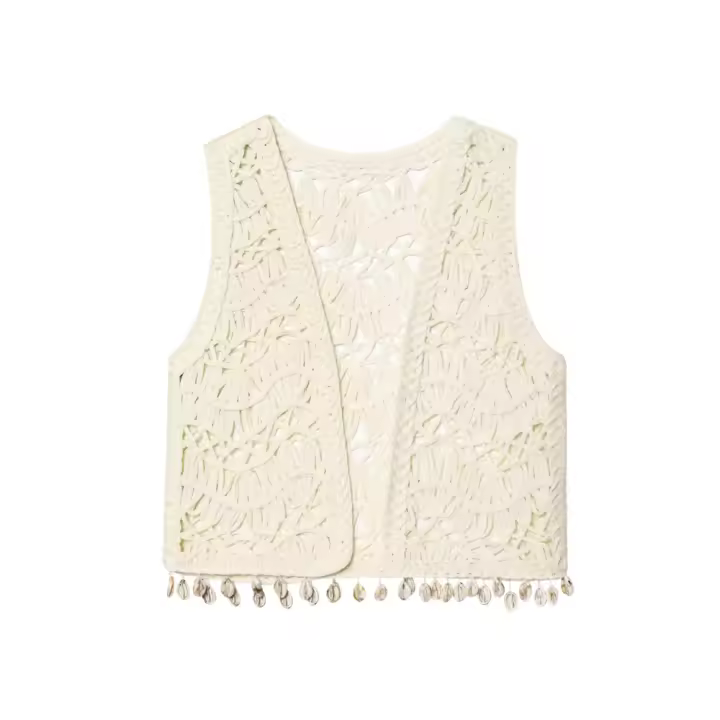 PB&ZA2025shell decoración borla cuello en V tejido sin mangas nicho estilo de vacaciones chaleco chaleco top ropa de verano para mujer - 1