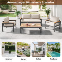 Loungeset, Gartenmöbel-Set mit Rahmen aus verzinktem Stahl, (breites Set, 4-teiliges Esstisch-Set, 1x 2-Sitzer-Sofa, 2x Einzelstühle, 1x Tisch), Akazienholz Tischplatte und Armlehnen,Beige - details 0