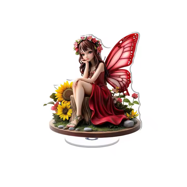 La exhibición acrílica giratoria presenta una hada mariposa con un vestido rojo con alas rosas y una corona de flores rodeada de detalladas flores y piedras de primavera. - 1