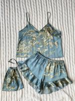 Moda verano, 3 piezas, camisola y pantalón corto, estampado floral de seda con bolso colgante, pijama de mujer, pijama de casa - details 0