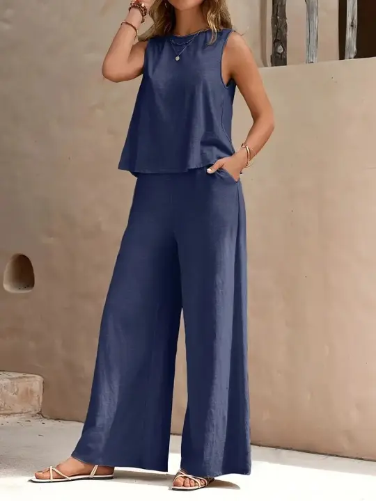 Conjunto de chaleco de cuello redondo y pantalones de pierna ancha para mujer, elegante, de dos piezas, color sólido, 2025 - 1