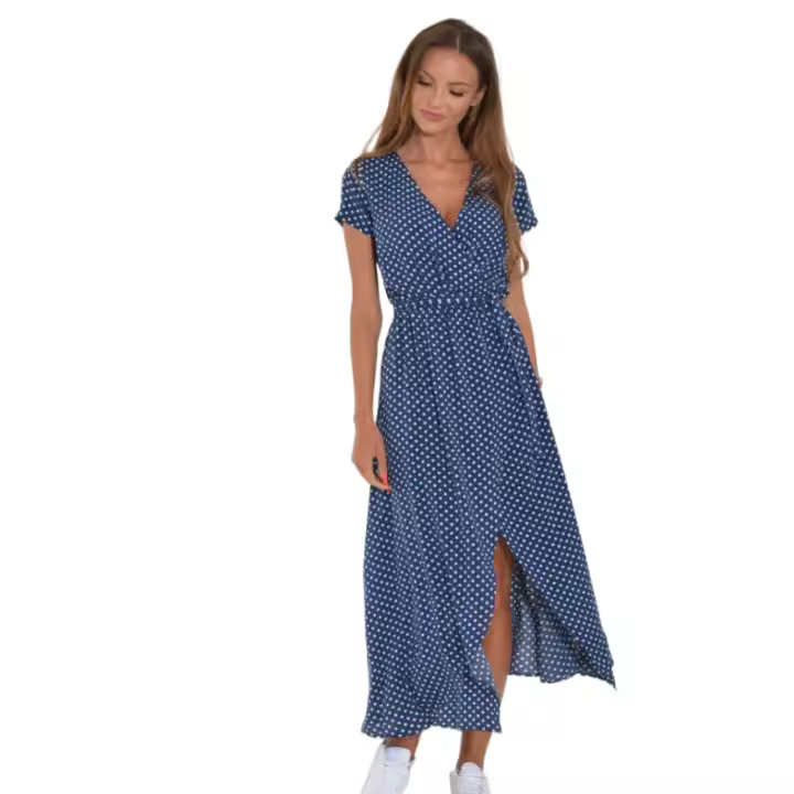 Vestido de mujer de manga corta, estampado de rayas, escote en pico, largo medio - 1