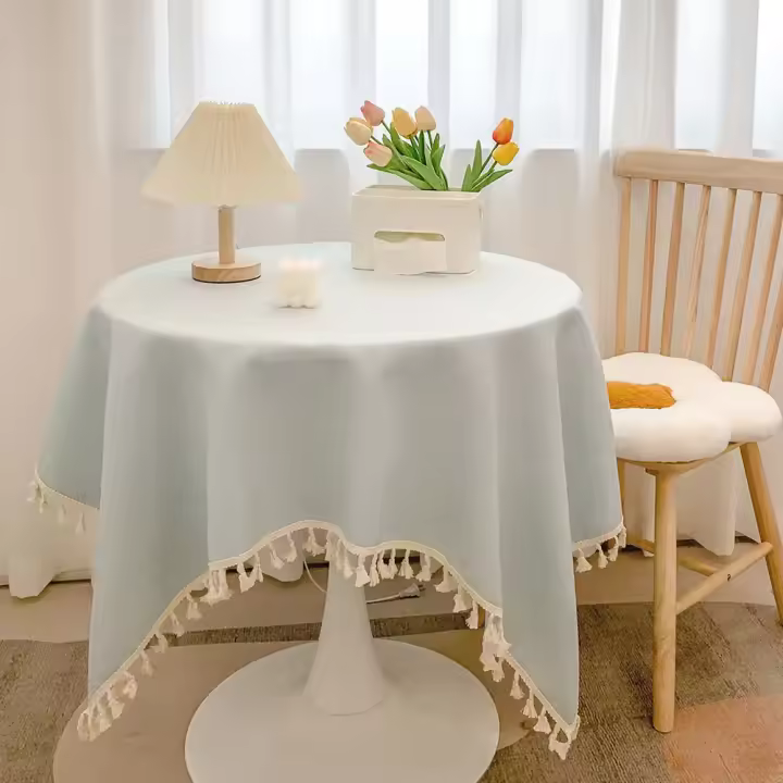 Mantel Rústico con Borlas Mantel de Algodón y Lino para Mesas de Recepción, Té Bohemio, Cena - 1