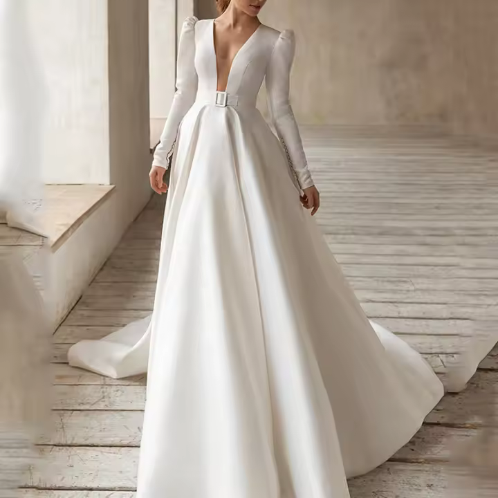 Vestido de mujer con satén blanco socialité que parece delgado y alto, vestido estilo francés - 1