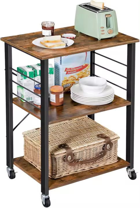 Estantería de Cocina con Ruedas Carrito de Servicio de 3 Niveles Estantería para Microondas, Horno, Tostadora, Marco de Metal con 6 Ganchos Marrón Rústico y Negro - 1