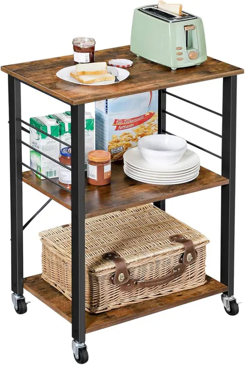 Estantería de Cocina con Ruedas Carrito de Servicio de 3 Niveles Estantería para Microondas, Horno, Tostadora, Marco de Metal con 6 Ganchos Marrón Rústico y Negro - 1