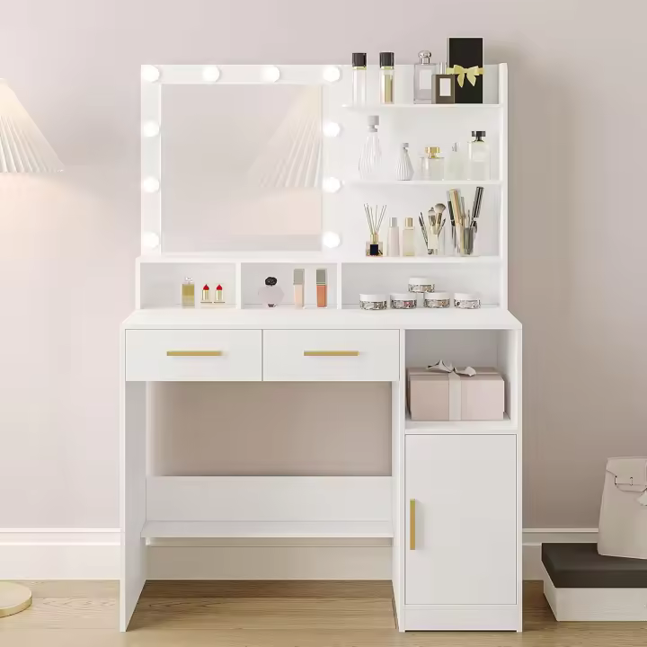 Mesa de Maquillaje LED Regulable Diseño de Armario con 2 Cajones y 1 Armario - 1