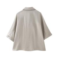 - Conjunto de dos piezas para mujer, tres piezas informales de color caqui sólido, camisa holgada, pantalones de pierna recta de sarga - details 9