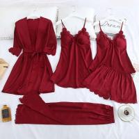 Conjunto de pijama de 5 piezas para mujer, ropa de dormir de satén Ence, suéter con cuello en V, albornoz de primavera - details 1