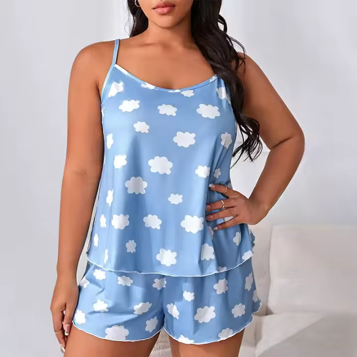 Conjunto de pijama de verano para mujer, ropa de dormir suave, con estampado de amor, camisola y pantalones cortos, talla grande - 1