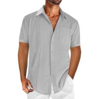 Camisa de algodón y lino de manga corta para hombre, casual, de color sólido, con encaje, de Mov Summer. - details 0
