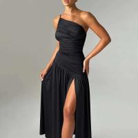 Verano 2024 Nuevo vestido largo ajustado con pliegues en los hombros y vestidos con dobladillo abierto en A para mujer - details 9