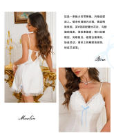 Vestido de tirantes sueltos con escote en V profundo para mujer, lencería sexy, camisón de encaje de satén fino - details 3