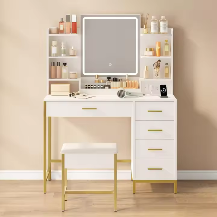 Maquillaje Moderno con Taburete Espejo HD con Luces LED Ajustables Enchufable y USB - 1