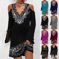 Ropa de mujer de manga larga, estampado vintage, cuello ondulado, escote en V, hombros abiertos - details 1