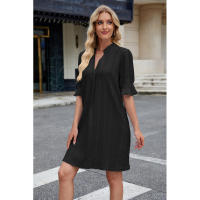 BUNO-2025 suelto con cuello en V y manga cinco cuartos jacquard de color liso para mujer - details 11