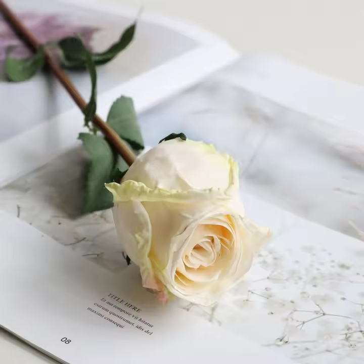 Rosa de borde quemado tostado al fuego, accesorios de fotografía de mesa de sala de estar rizada, flor falsa romántica única, nuevo - 1