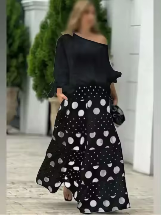 Conjunto Casual de Pantalón para Mujer Top de Hombro Descubierto, Mangas de Farol, Estampado de Punto Pantalones de Pierna Ancha - 1