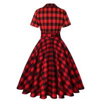 Elegante Vestido de Algodón con Estampado Retro Hepburn Cuello Redondo, Cinturón, Botones Frontales - details 4