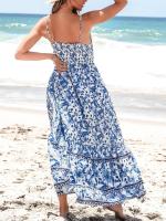 Verano para mujer con cuello en V, sin mangas, corte floral, ahumado, con volantes, maxi vestido formal de playa - details 1