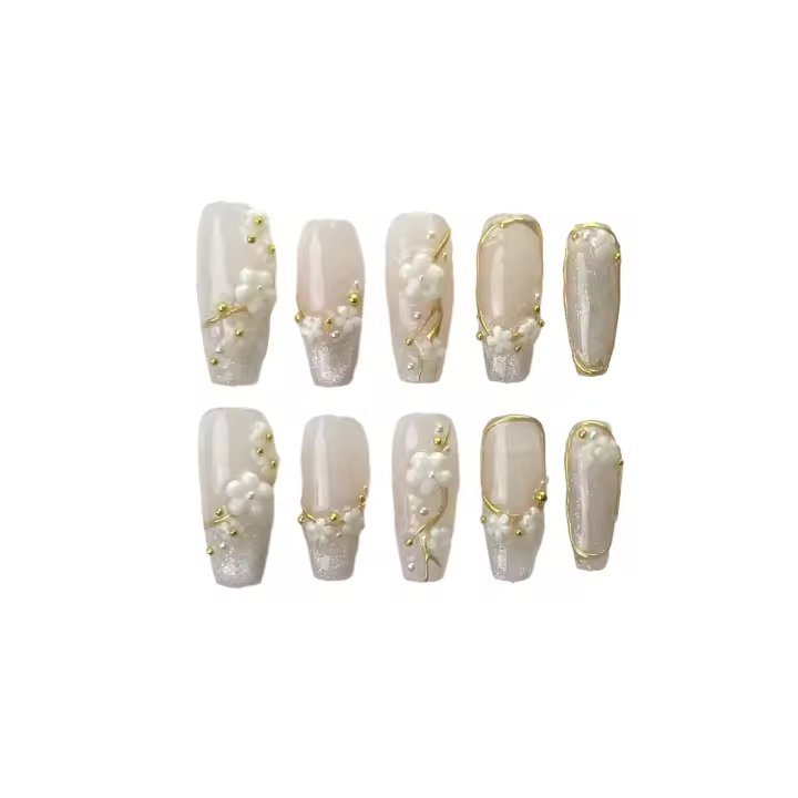 Uñas falsas de ataúd para mujer, blanco y rosa diseño Floral, uñas artificiales con brillos, manicura, decoración de uñas - 1
