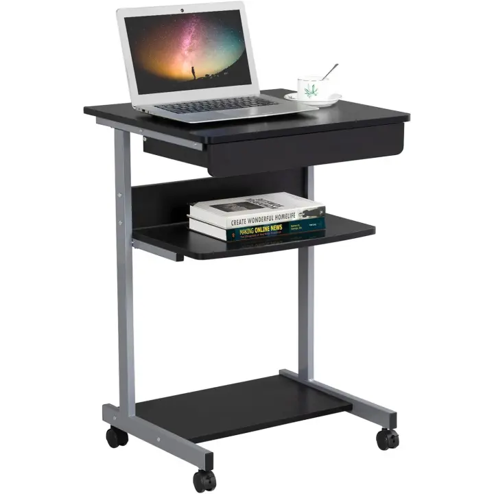 Mesa Ordenadora con Ruedas Pequeña Escritorio con Bandera de Teclado Mesa Gaming con Cajón para Estudio Límite Largo Negro 79,5x56x51cm - 1