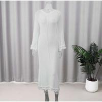 Vestido largo de punto con mangas acampanadas y dobladillo con volantes para mujer, Vestido elegante con espalda descubierta y cuello redondo con cordones, batas de vacaciones para mujer - details 1
