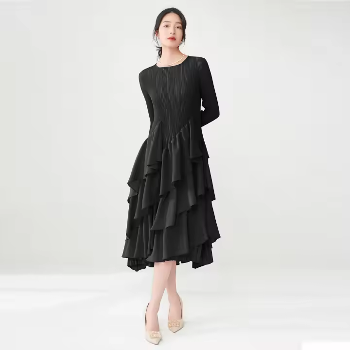 Vestido de primavera Miyake para mujer, aspecto sofisticado, cintura delgada, con bordes con volantes y mangas largas con elegancia. - 1