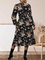 Vestido floral pequeño con cuello redondo y mangas largas con cordones y cintura - details 5