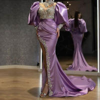 Vestido de mujer con manga de princesa, largo envuelto en el trasero, con cola y vestido de noche con dijes de salpicaduras doradas - details 2