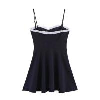 2025, temperamento dulce francés, diseño simple de colores contrastantes, vestido con abertura lateral, falda con tirantes, ropa de verano para - details 2