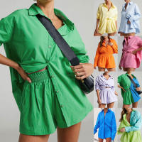 Conjunto de dos piezas de camisa informal de moda con bloques de color y pantalones cortos elásticos de botonadura sencilla - details 0