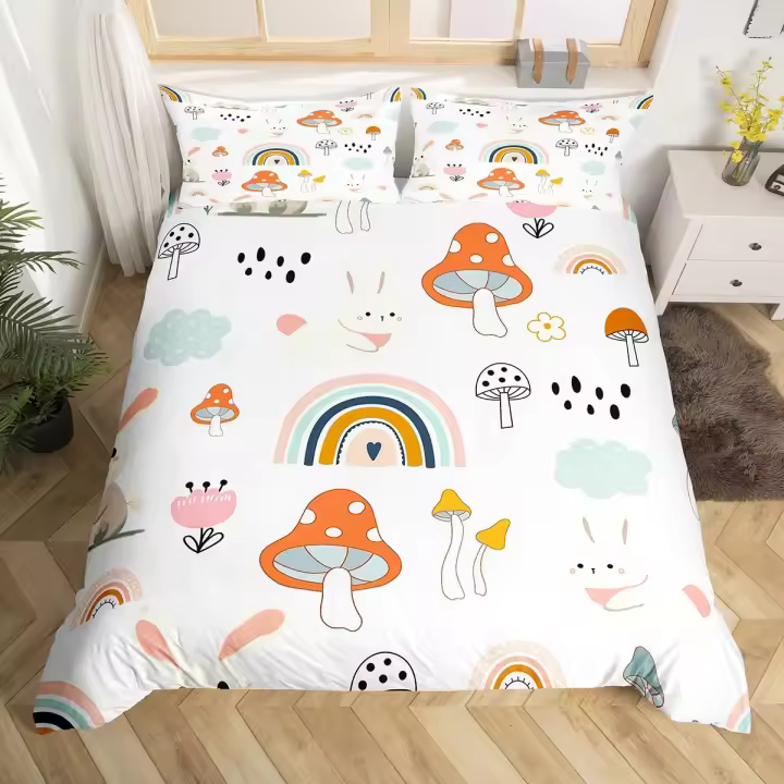 Cubierta de Edredón de Otoño Bonita con Animales 3PCS Edredón de Poliéster con Oso, Erizos, Hongos, Hojas Ideal para Niños, Niñas - 1