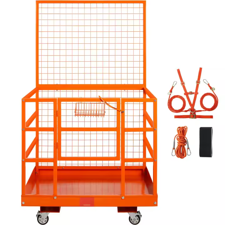 SucceBuy Jaula de seguridad para montacargas, capacidad de carga de 1400 libras, plataforma de trabajo de 43 x 45 pulgadas con arnés de seguridad y bloqueo, orificio de drenaje, ruedas y cesta de herramientas, diseño antideslizante doble para trabajos aér - 1