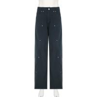 Pantalones vaqueros holgados informales con remaches, pantalones de pierna ancha, pantalones rectos básicos de cintura baja para mujer - details 2