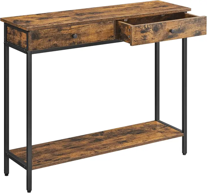 Mesa de Consola Industrial Estilo Rústico Marrón 2 Cajones Marco de Acero Estable - 1