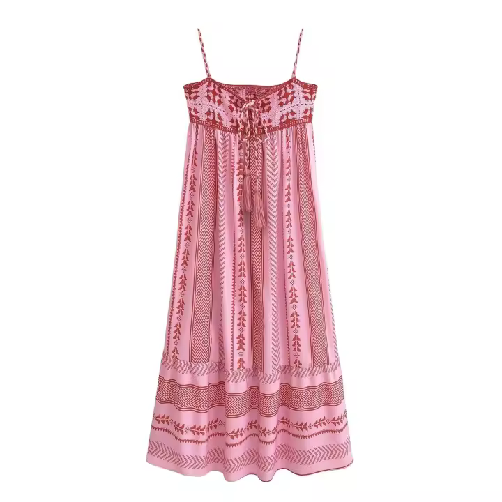 TRAFZA-vestidos de verano para mujer, vestido largo rosa sin mangas con cuello cuadrado, Espalda descubierta, bordado, decoración Vintage - 1