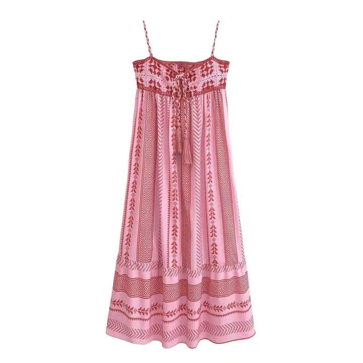 TRAFZA-vestidos de verano para mujer, vestido largo rosa sin mangas con cuello cuadrado, Espalda descubierta, bordado, decoración Vintage - 1