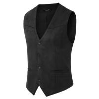 Chaleco de traje de cuero de gamuza para hombre, chaleco informal occidental con cuello en V, solapa con botones a presión, chaqueta sin mangas - details 4