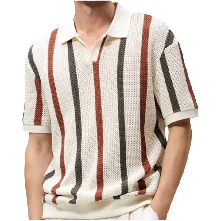 Suéter de punto de manga corta para hombre, camiseta de negocios ajustada con contraste de color a rayas huecas - 1