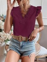 Camiseta elegante a la moda para mujer, camisa informal tejida con encaje plisado de retales de manga corta con cuello en V pequeño para mujer - details 11