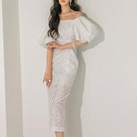 BGTEEVER-vestido ceñido con manga abombada para mujer, prenda elegante con abertura en la cadera, cuello de barco, cintura ajustada, Verano - details 17