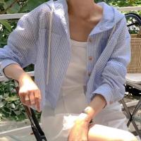 Camisa con Capucha a Rayas para Mujer Cárdigan de Manga Larga Corta Informal Holgado - details 8