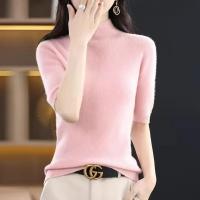 Suéter de mujer, jerséis de punto para primavera y verano, camisas ajustadas con cuello alto, jerséis de punto suaves de manga corta - details 5