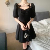 Vestido negro adelgazante con manga acampanada, vestido corto ceñido con un hombro y cintura, para ir al trabajo, temporada de verano, manga corta, Color puro - details 0