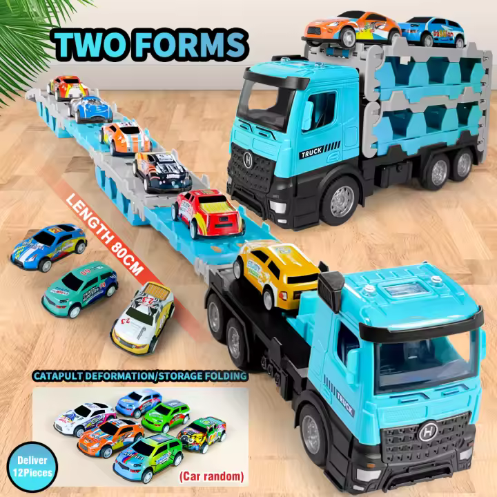 Camión transportador plegable para niños, vehículo de carreras, juegos de competición, almacenamiento de aleación fundido a presión, Mini coche, juguete para niños, regalo novedoso - 1
