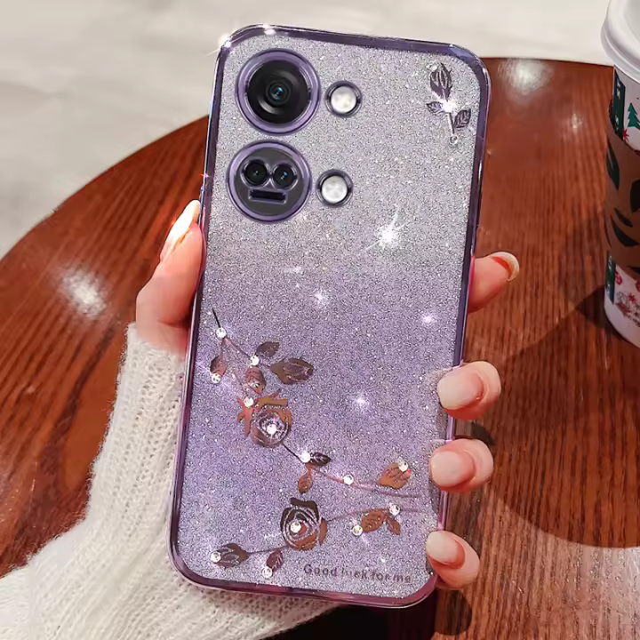 Funda de Teléfono OnePlus Ace 2V 2 Pro, Nord CE3 Lite, 11 10 9 Pro Aplicación de Galvanoplastia con Diamante de Agua Floral Polvo - 1