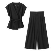 OUWU- Conjunto De Pantalones De Verano Para Mujer, Tops Sin Mangas Con Cordones De Doble Solapa + Bolsillo Con Cremallera, Plisado, Sólido, Holgado, Informal - details 6